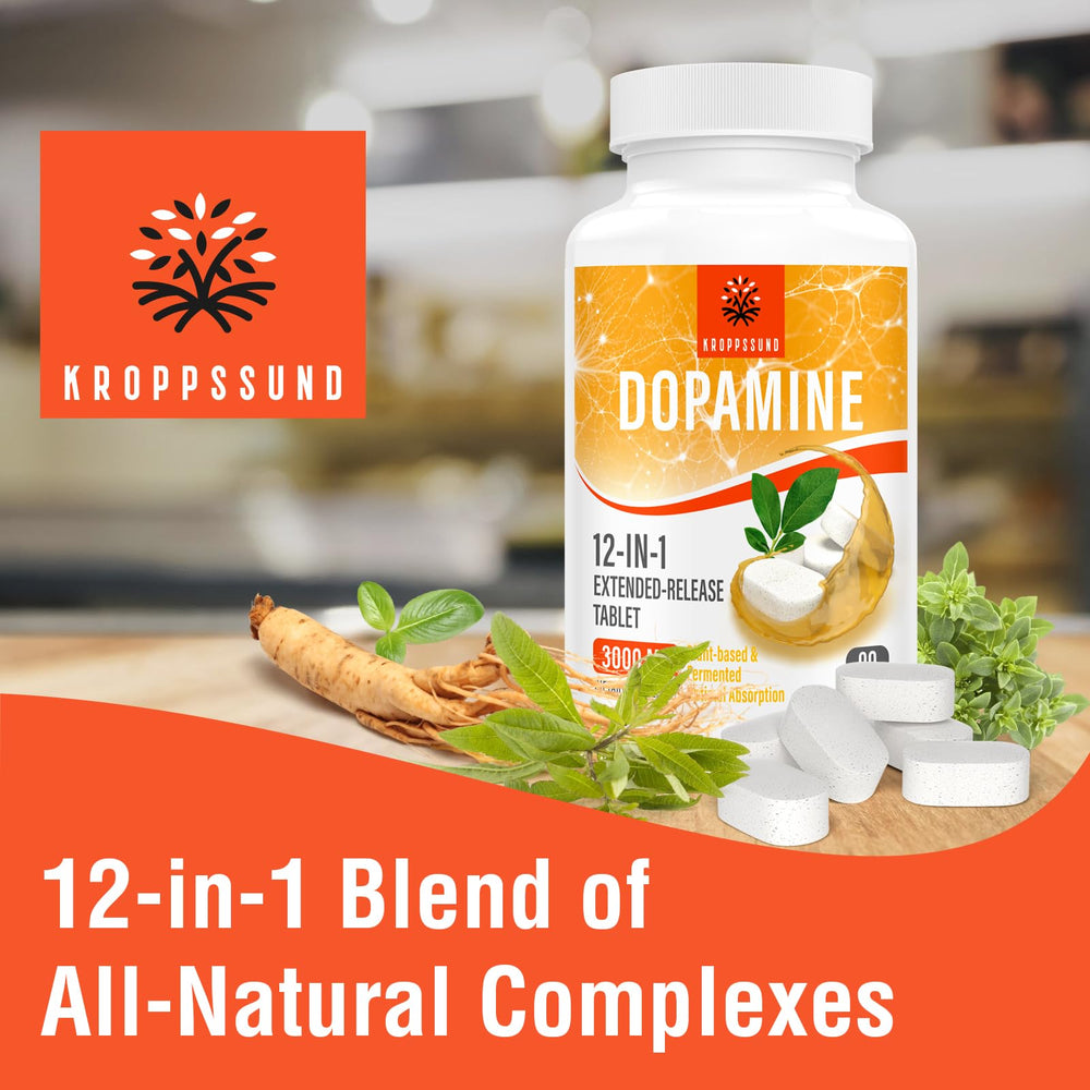 Kroppssund dopamine bottle with tablet-dispense action for easy dosing.