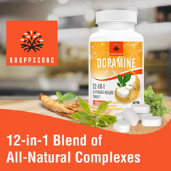 Kroppssund dopamine bottle with tablet-dispense action for easy dosing.