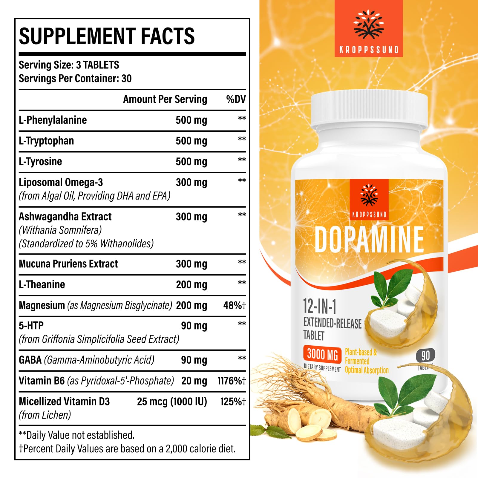 Kroppssund dopamine tablets close-up highlighting extended-release texture.