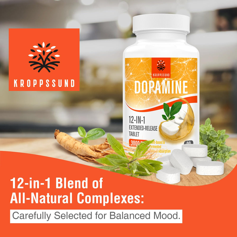 Kroppssund dopamine tablets close-up, smooth texture ideal for easy daily use