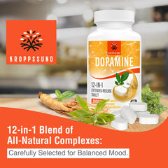 Kroppssund dopamine tablets close-up, smooth texture ideal for easy daily use