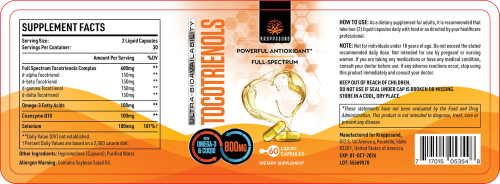 Kroppssund Tocotrienols 60-serving bottle ready for daily use with meals.