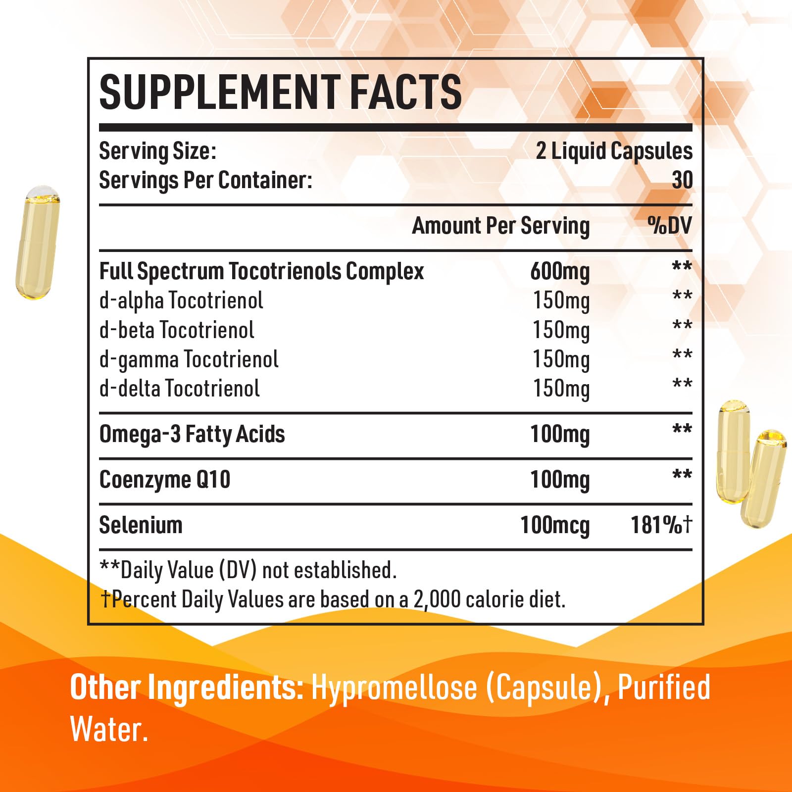 Kroppssund Tocotrienols easy-swallow capsules shown with a glass of water.