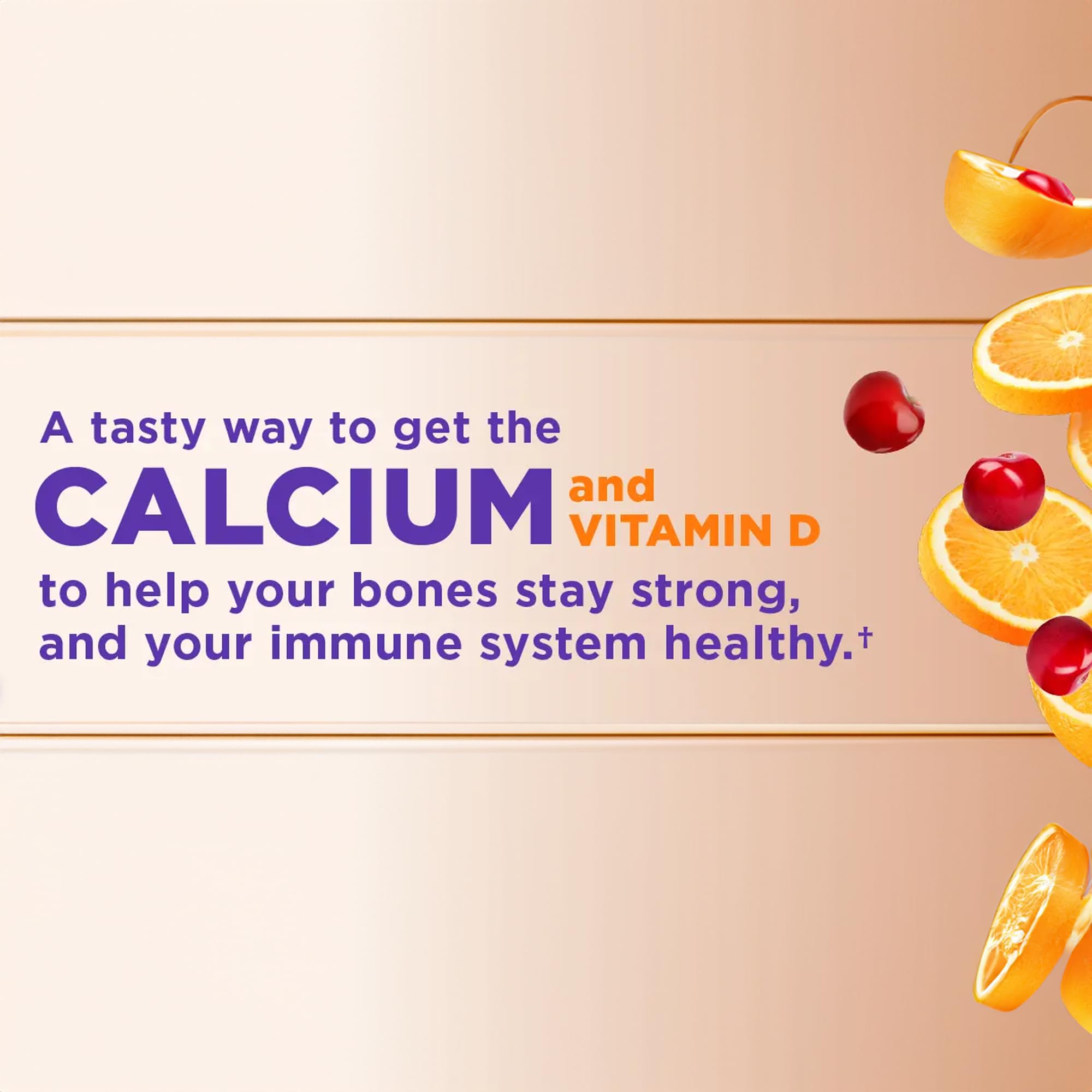 KS Calcium serving two gummies demonstrates daily serving size for bone support.