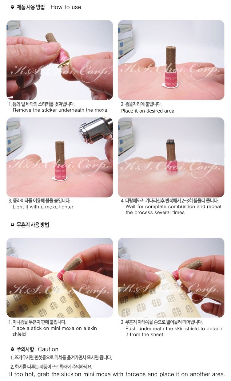 KS Kang HWA yellow mini moxa with paper tube buffer for safe, controlled heat on body areas.