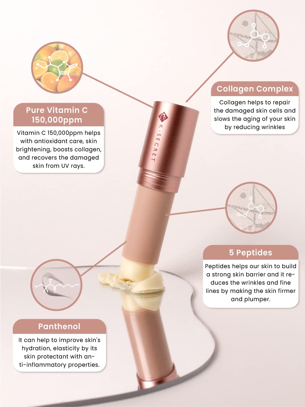 KSECRET label showcases vitamin C and collagen-inspired formula.