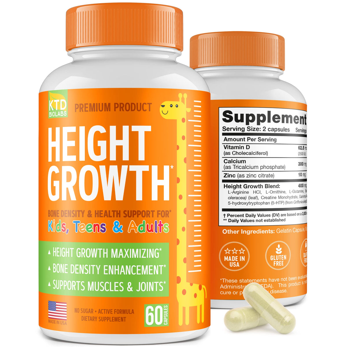KTD BIOLABS Height Growth Maximizer bottle with capsules for bone density support