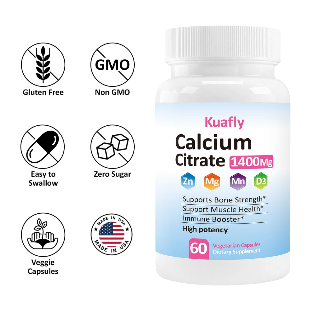 KUAFLY Calcium Citrate 1400mg mineral balance graphic highlights nutrients.