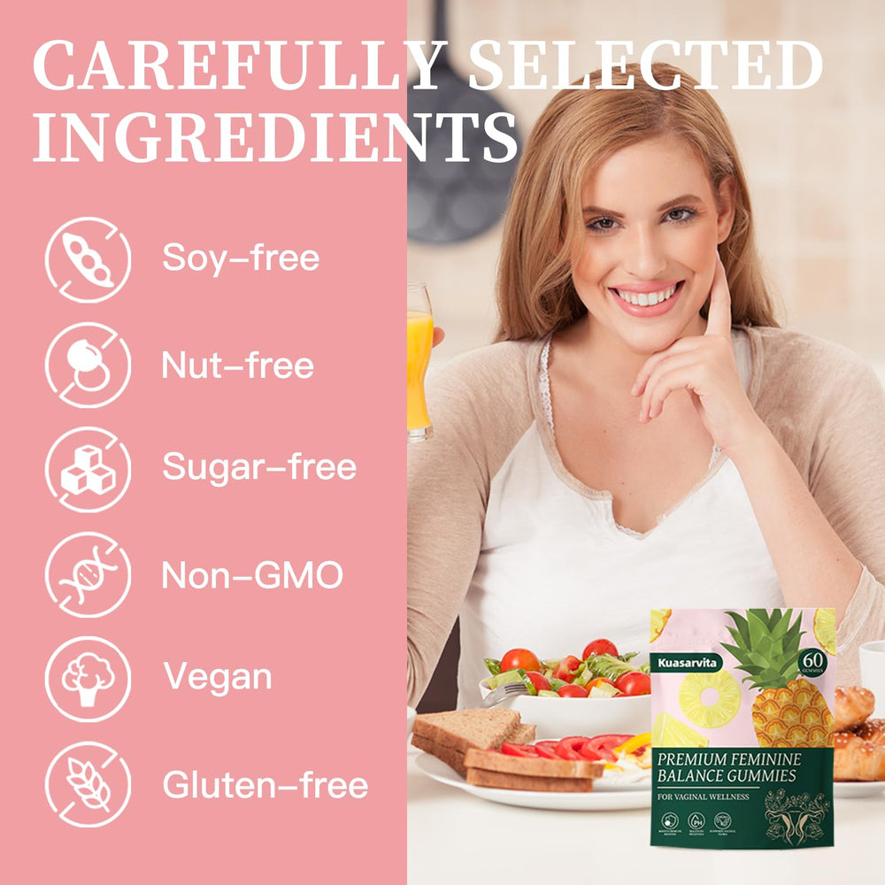 Daily-serving Kuasarvita gummies in a bottle for monthly feminine wellness.
