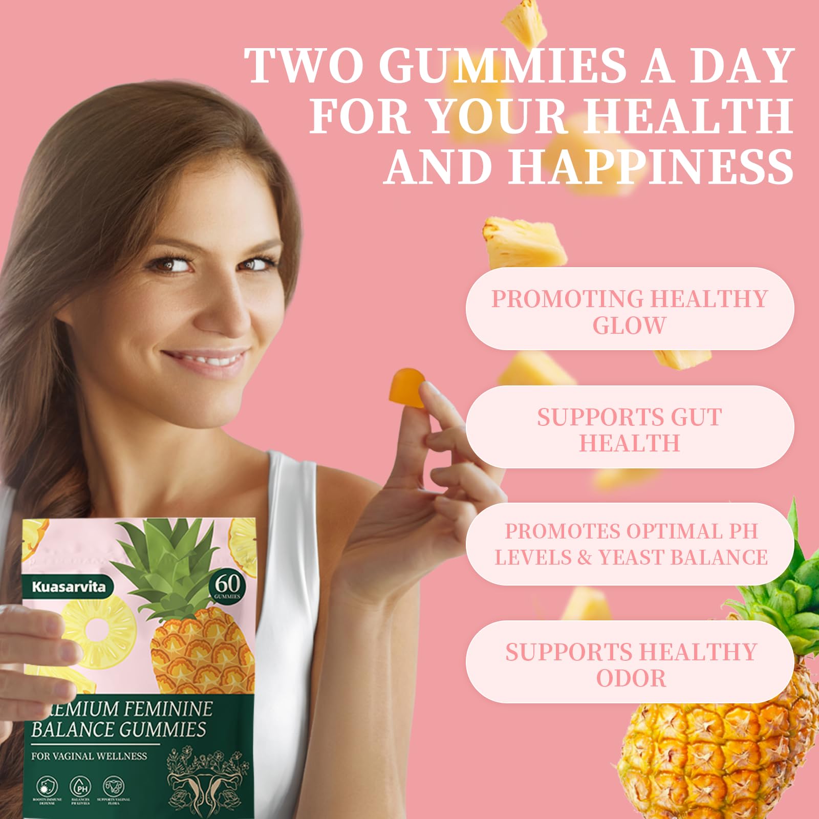 Kuasarvita feminine balance packaging highlighting vegan, gluten-free, low-sugar formula.
