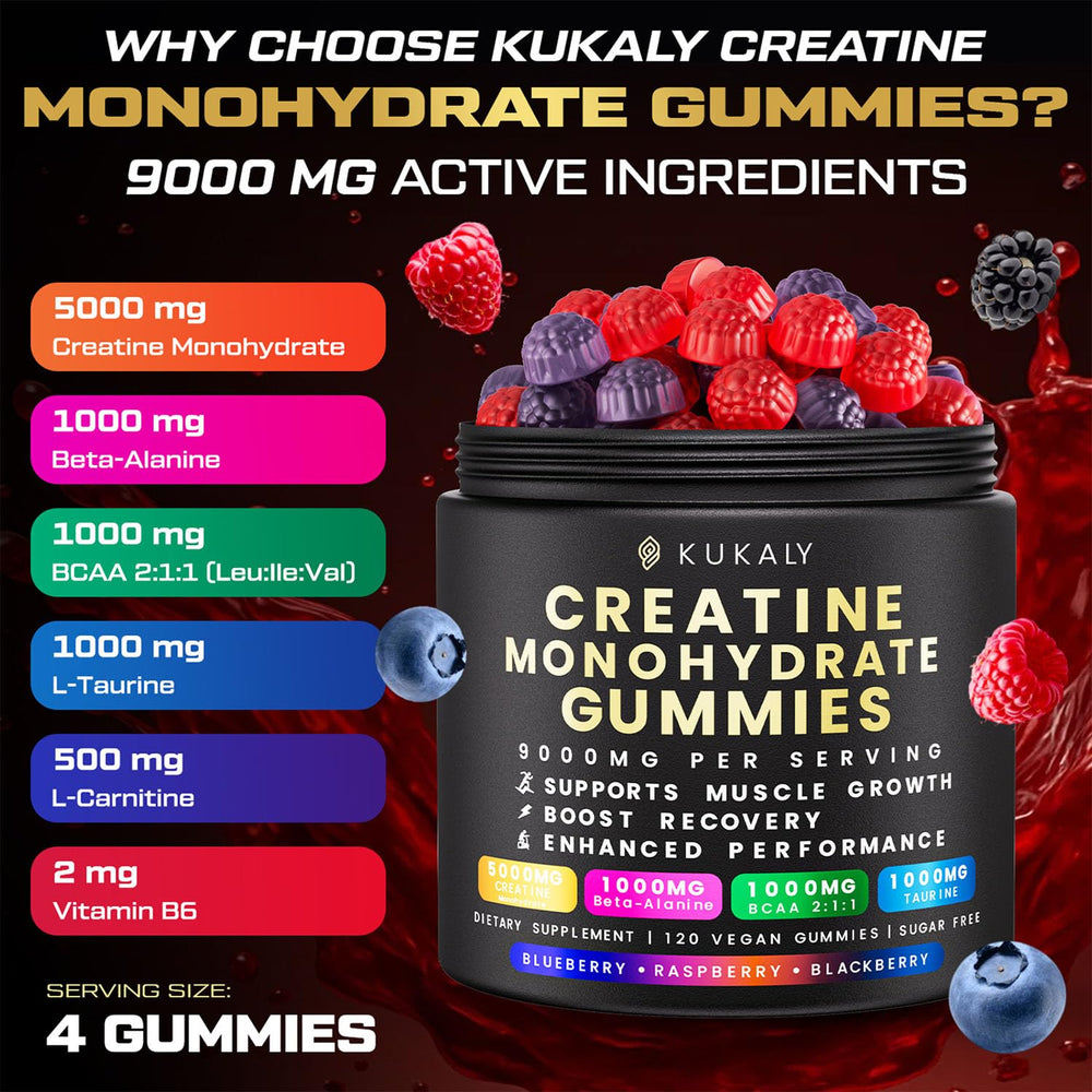 Kukaly Creatine Gummies blackberry flavor bottle close-up for endurance support