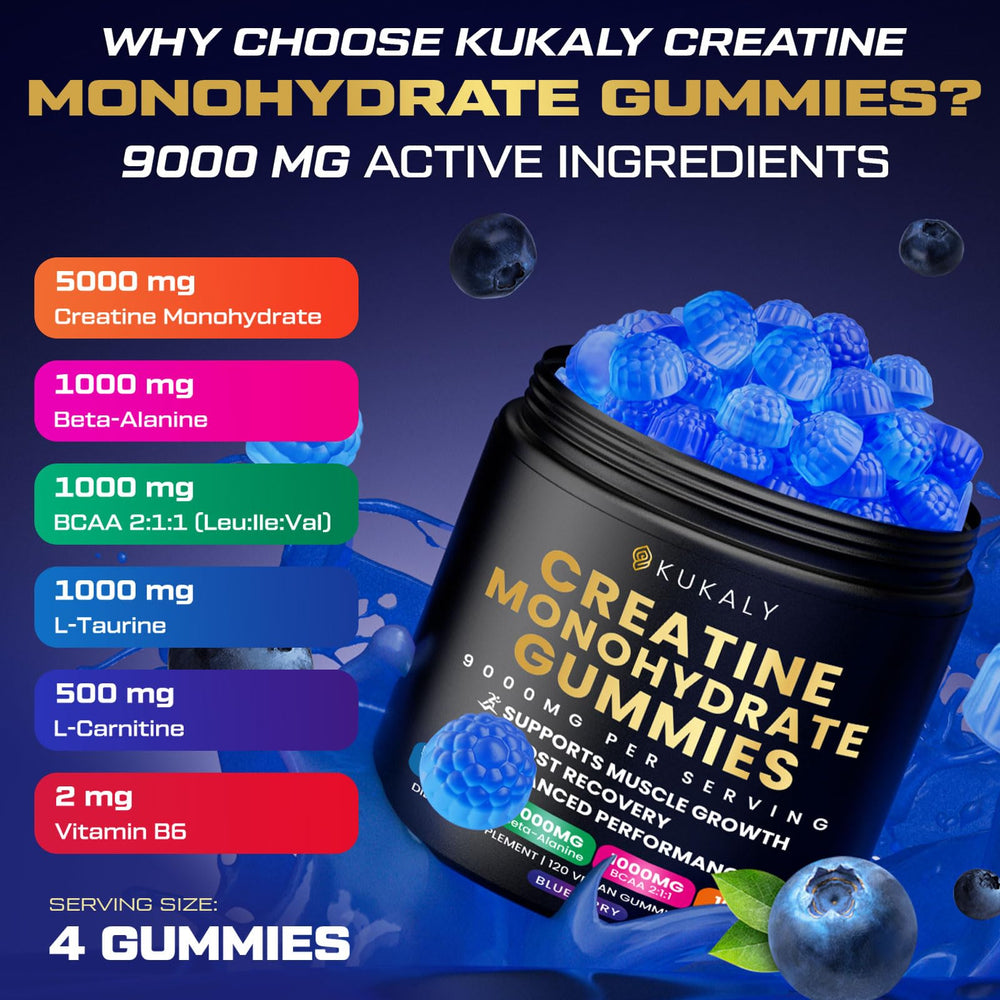 Kukaly Creatine Gummies blueberry bottle back with nutrition highlights.