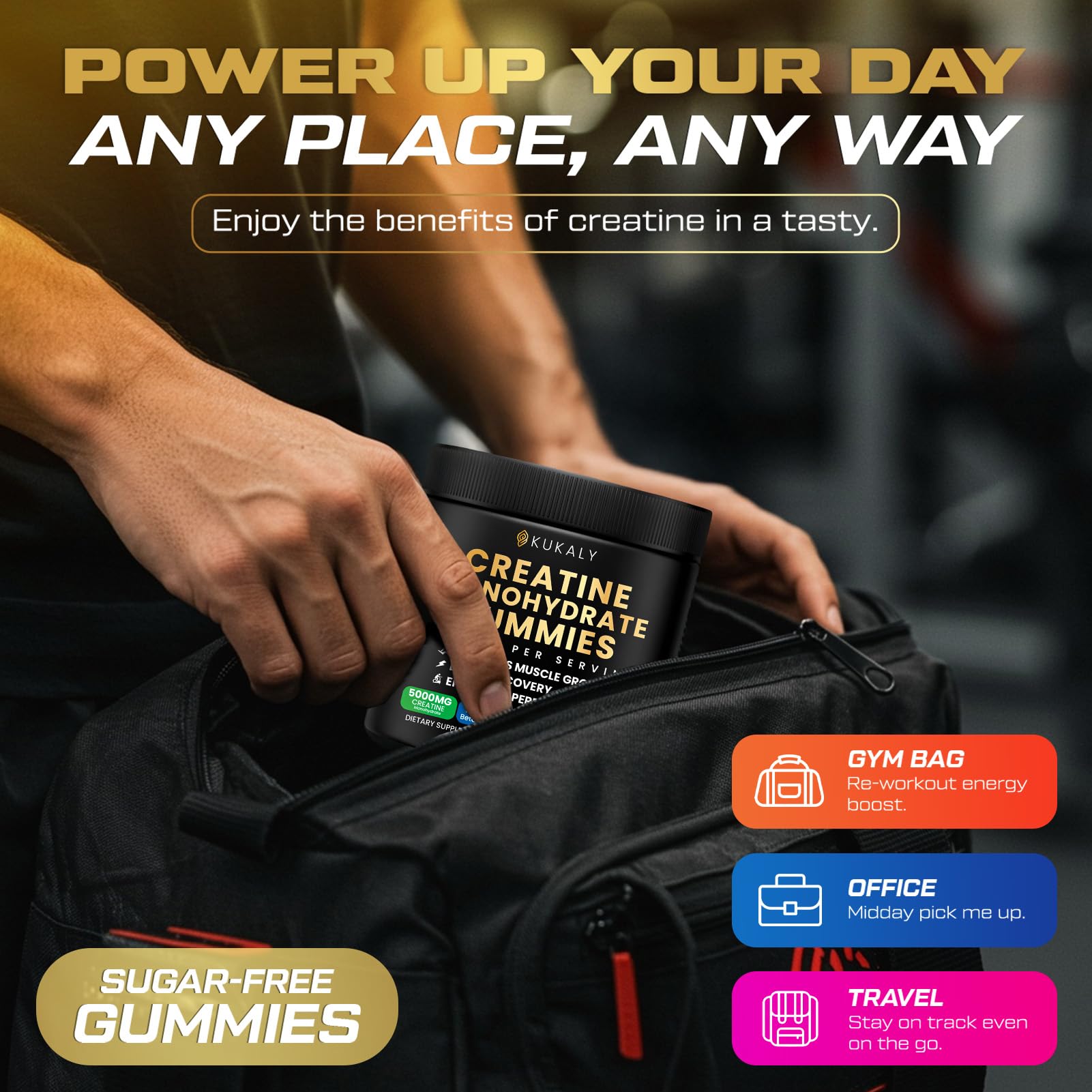 Kukaly Creatine Gummies pineapple flavor packaging shows convenient daily dosing.