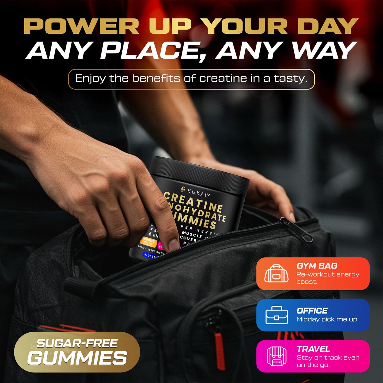 Kukaly Creatine Monohydrate Gummies highlight L-taurine, BCAA, B12 and B6 for endurance