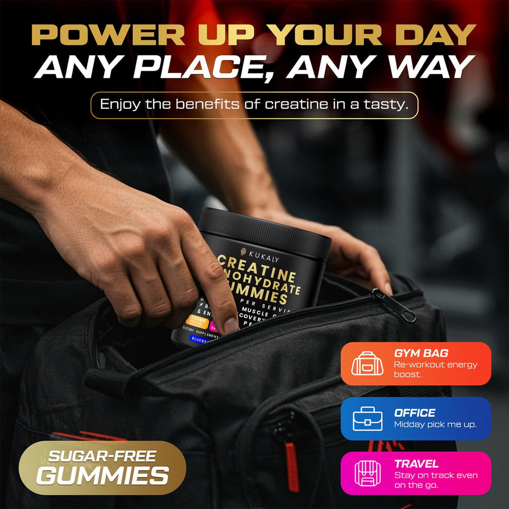 Kukaly Creatine Monohydrate Gummies highlight L-taurine, BCAA, B12 and B6 for endurance