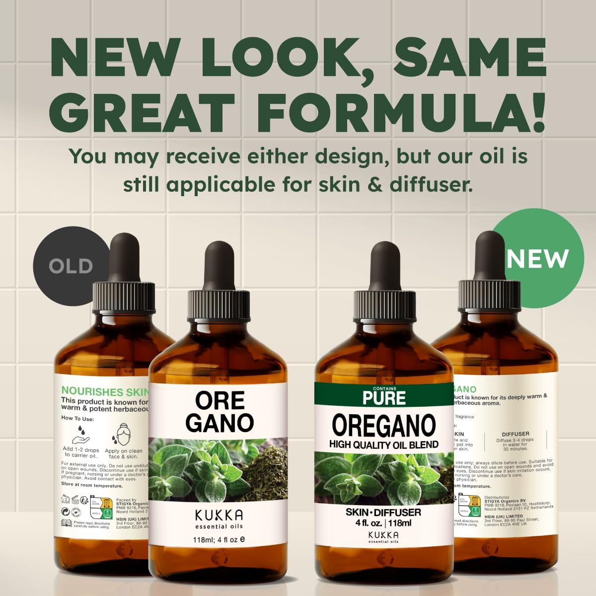 KUKKA oregano oil packaging options, new and old variants.