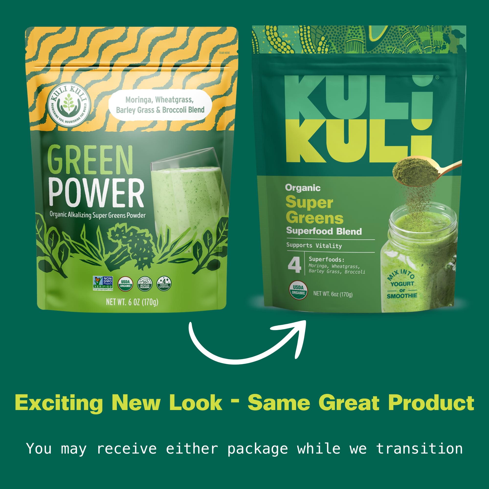Kuli Kuli Green Power container close-up reveals vibrant greens blend