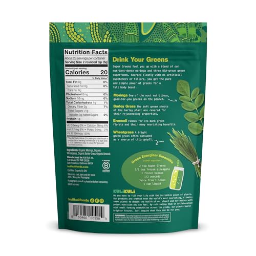 Kuli Kuli Green Power packaging side view shows farm-sourced greens and clean label