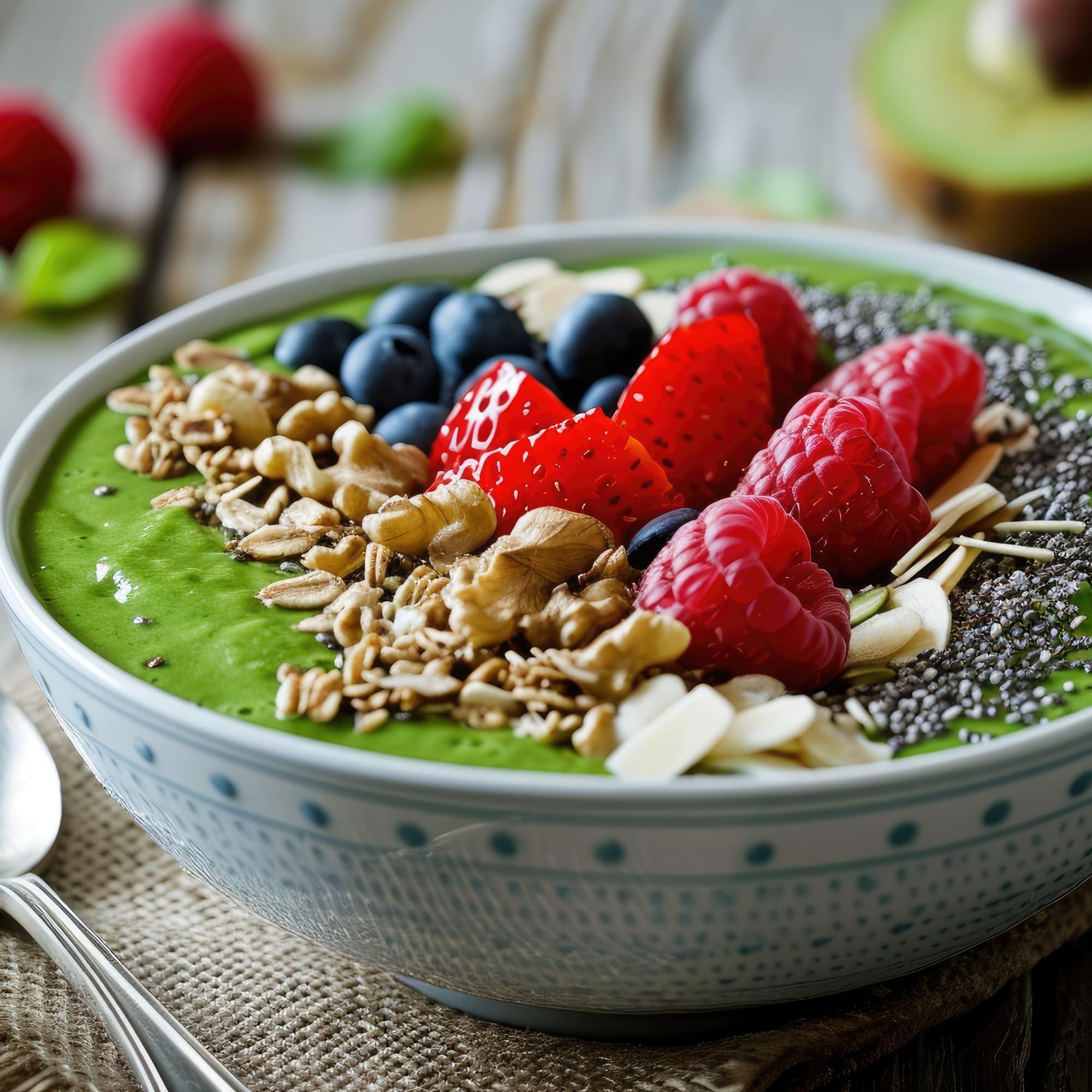 Kuli Kuli Green Power smoothie bowl shows bright emerald greens