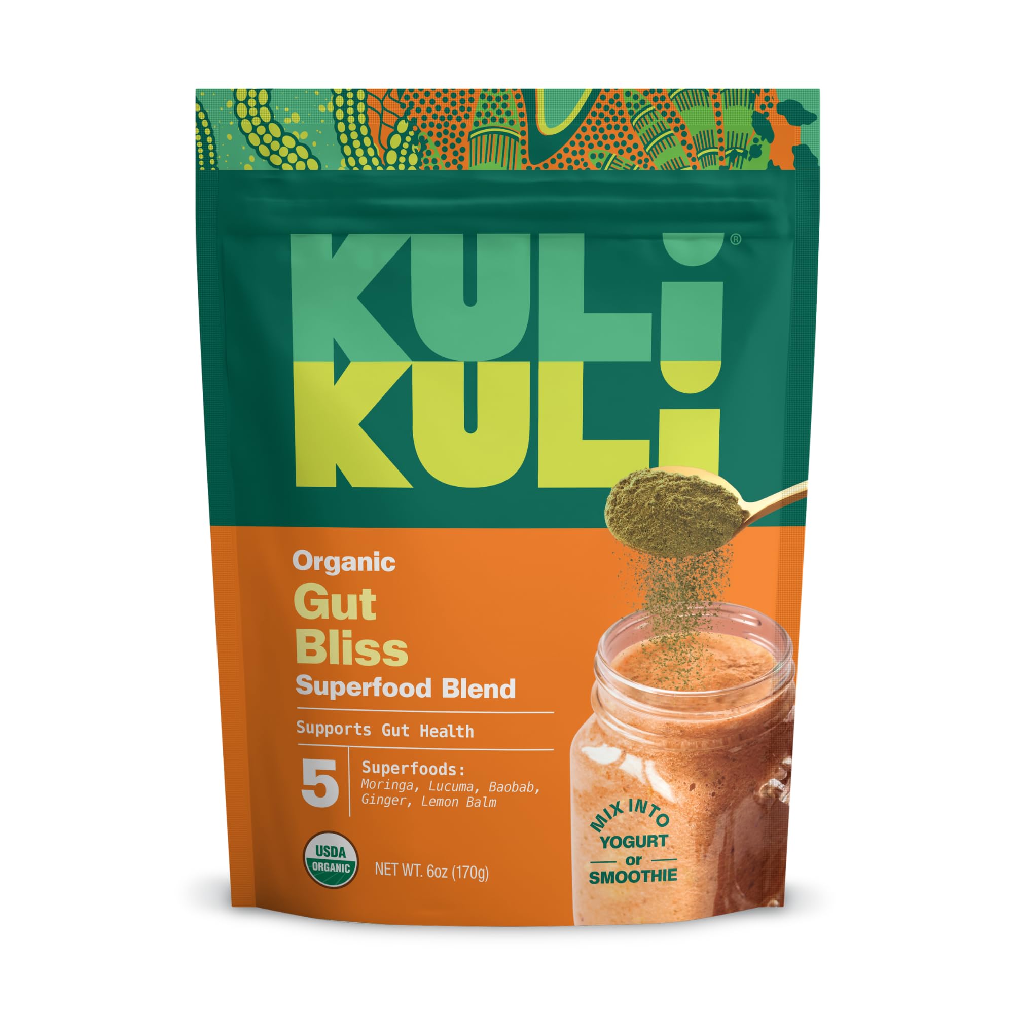 Kuli Kuli Gut Bliss powder tub promoting daily gut health and easy mixing.