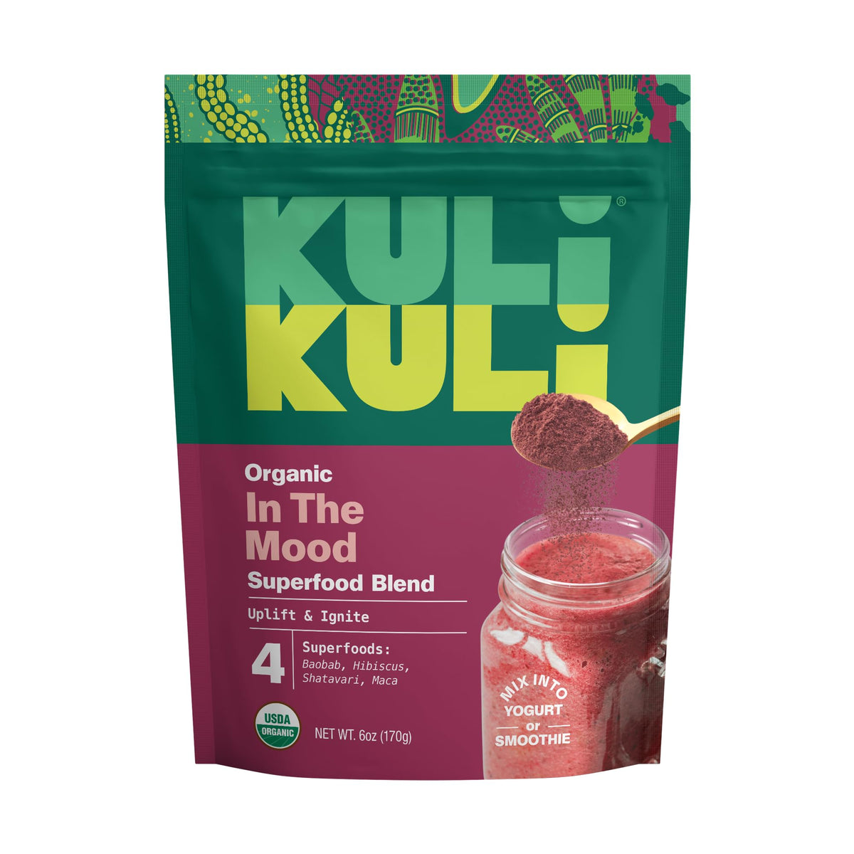 Kuli Kuli Mood Magic tub front showing organic uplifting blend for daily mood support