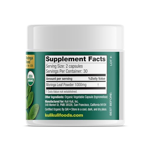 Kuli Kuli moringa capsules close-up showing vegetarian capsules
