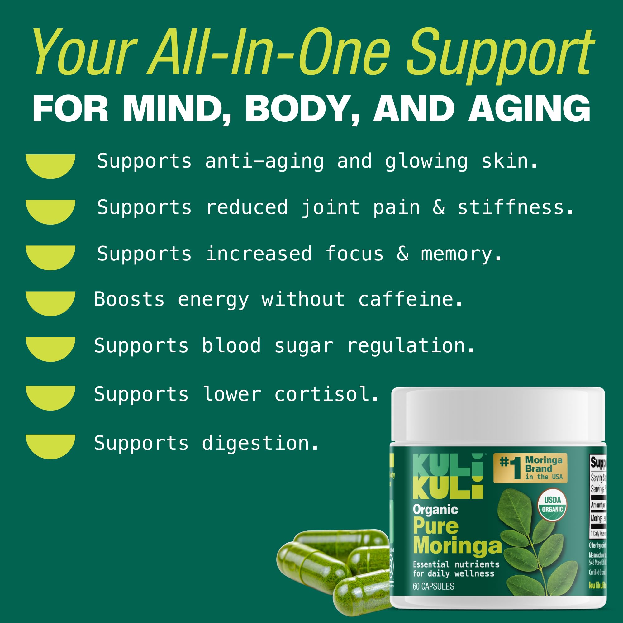 Kuli Kuli moringa capsules labeled for sustainable sourcing