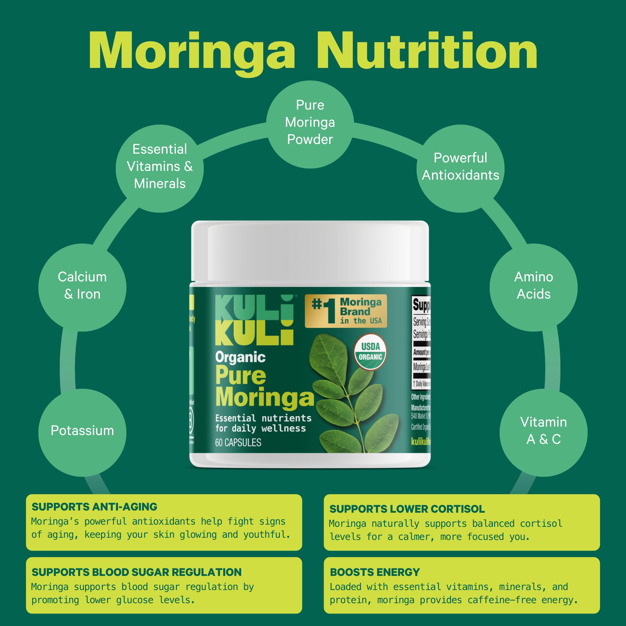 Kuli Kuli moringa capsules on a shelf in a morning routine setup
