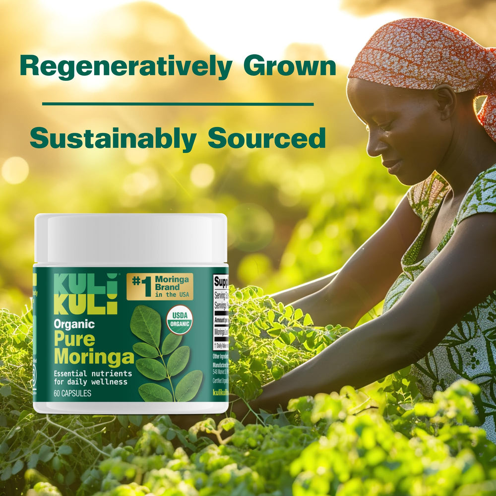 Kuli Kuli moringa capsules highlighting sustainable sourcing