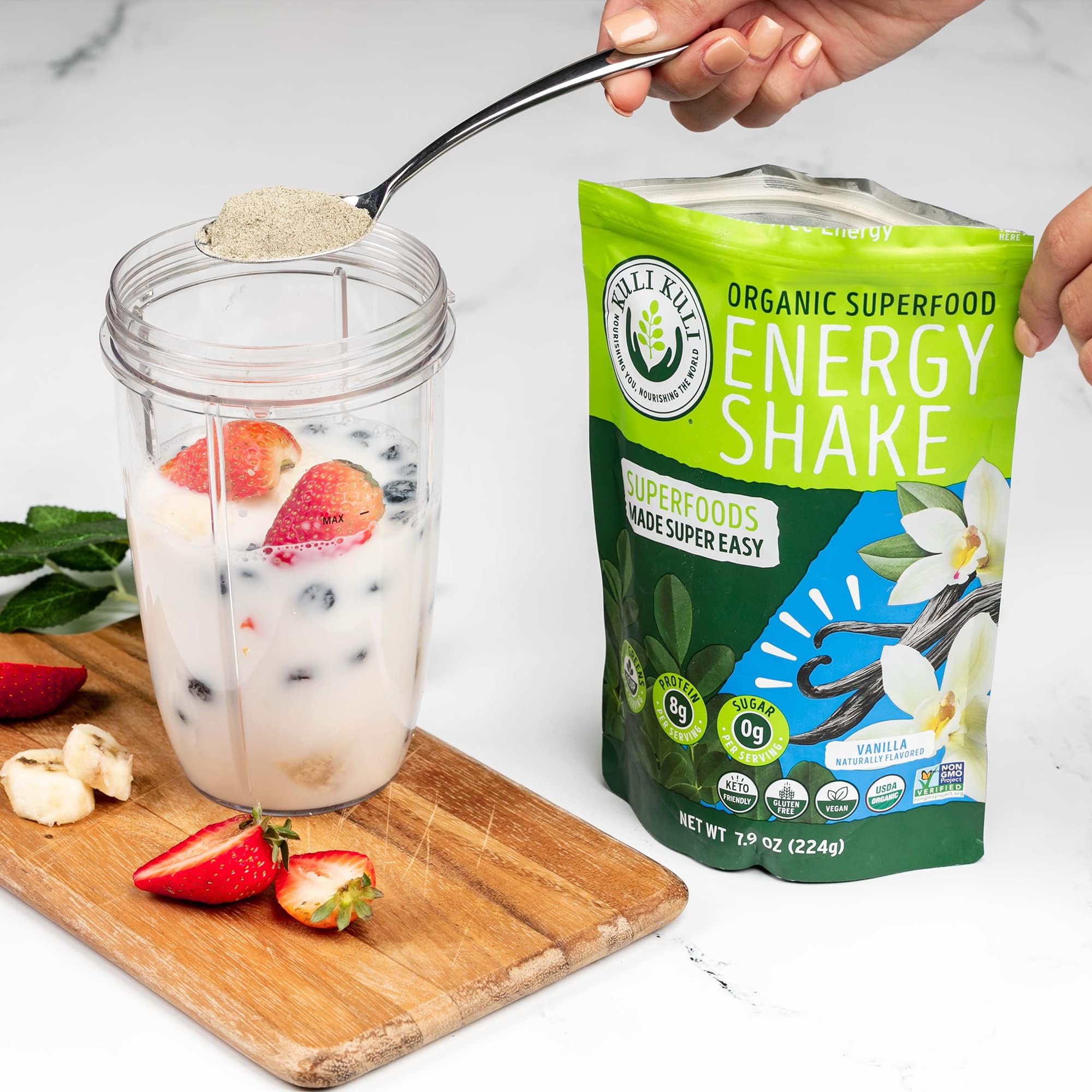 Kuli Kuli vanilla glass jar packaging emphasizes whole-food greens.