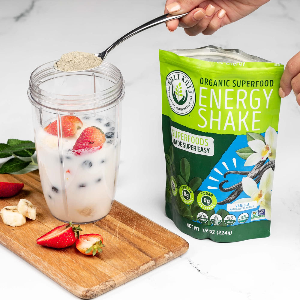 Kuli Kuli vanilla glass jar packaging emphasizes whole-food greens.