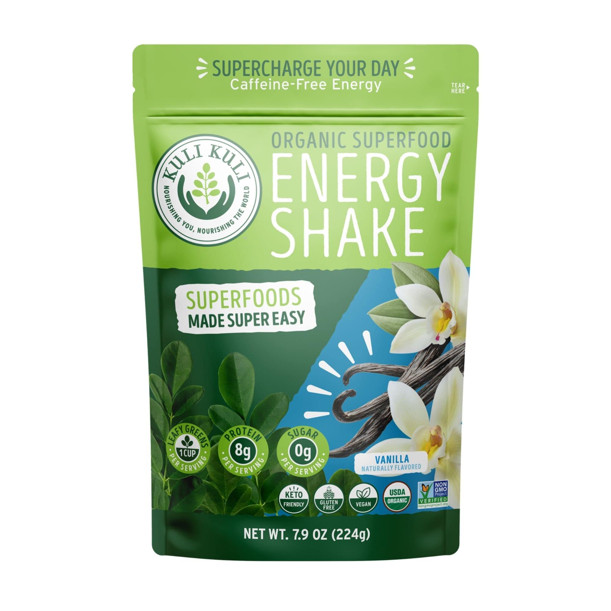 Kuli Kuli Moringa Greens Smoothie Mix vanilla pouch front, ready for a quick plant-based boost.