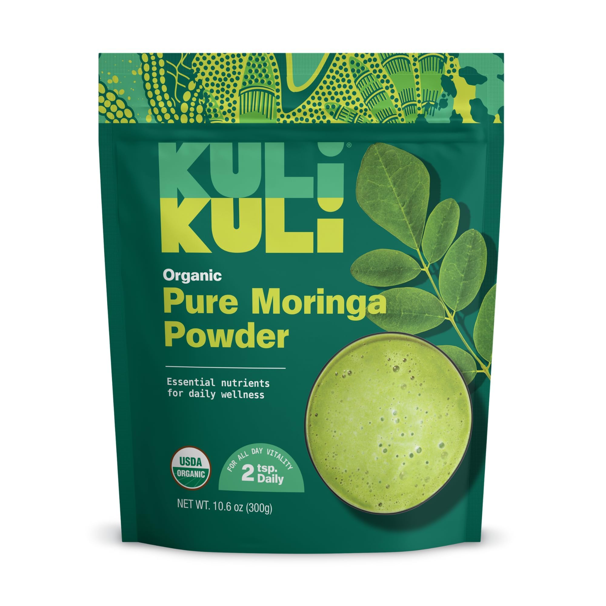 Kuli Kuli Moringa powder bottle closeup featuring pure organic leaves for daily greens