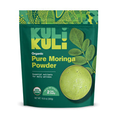 Kuli Kuli Moringa powder bottle closeup featuring pure organic leaves for daily greens