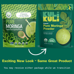 Kuli Kuli Moringa powder being poured for cooking and nutrition.