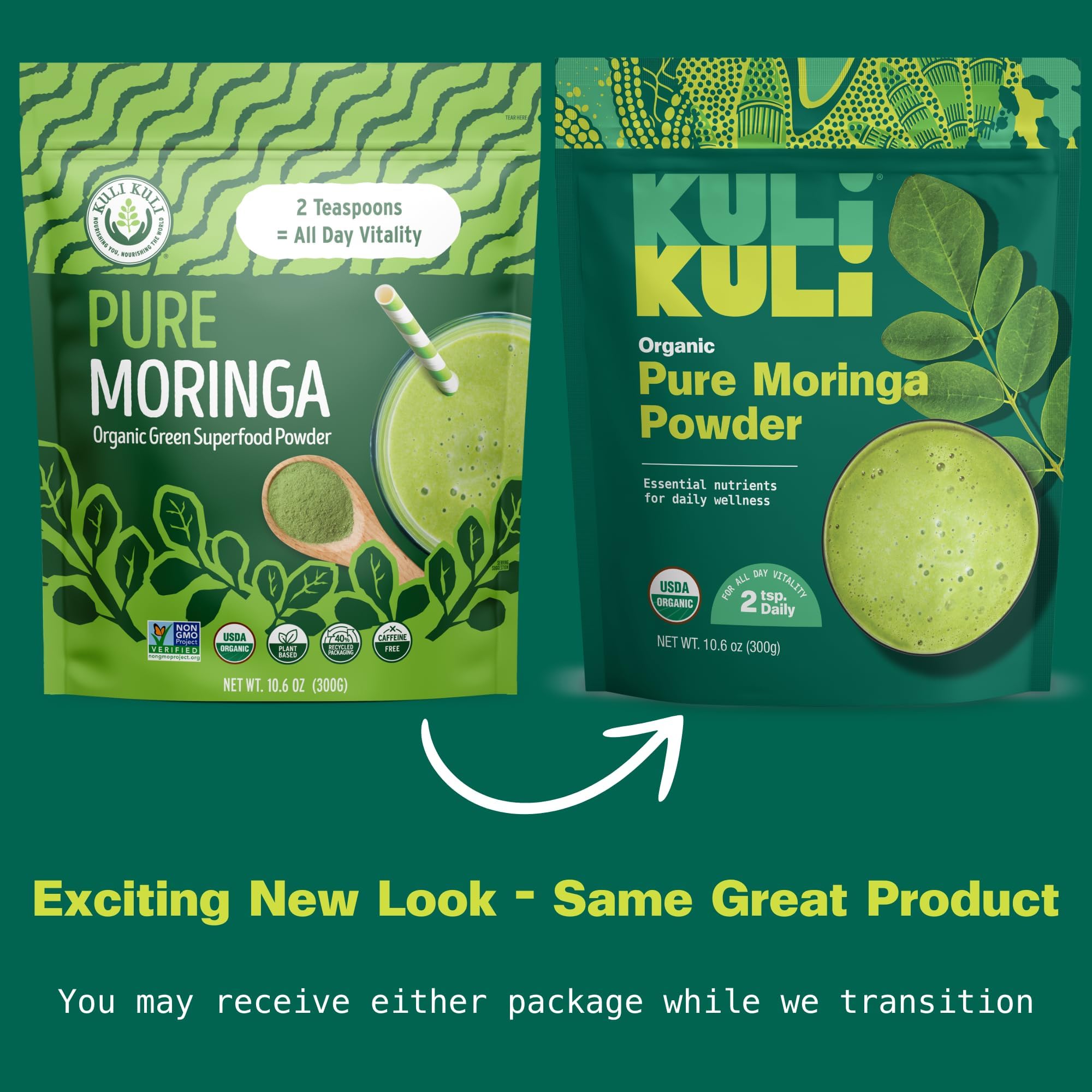 Kuli Kuli Moringa powder in a smoothie glass for easy nutrition