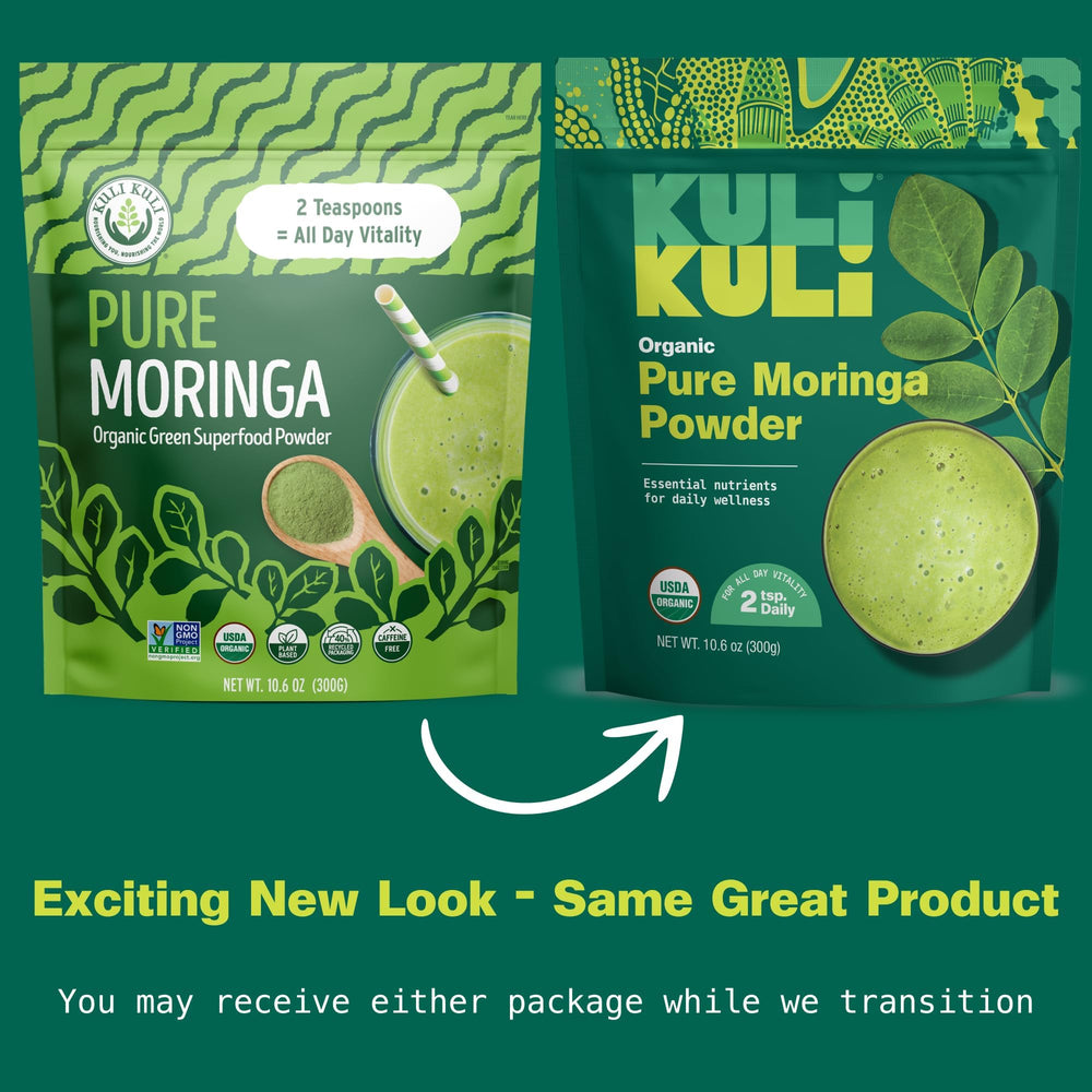 Kuli Kuli Moringa powder in a smoothie glass for easy nutrition
