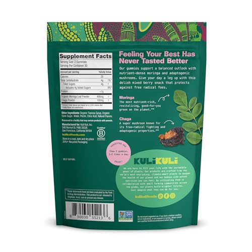 Kuli Kuli moringa gummies closeup showing moringa ingredient for energy.