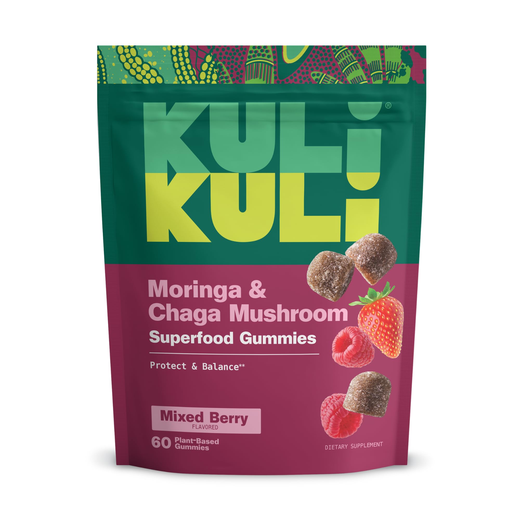 Kuli Kuli Super Energy Gummies packaging visible, supports daily energy.