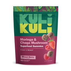 Kuli Kuli Super Energy Gummies packaging visible, supports daily energy.