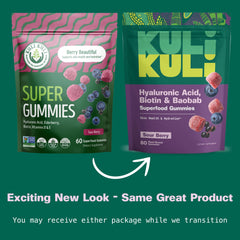 Kuli Kuli Super Gummies label close-up notes gelatin-free vegan formula.