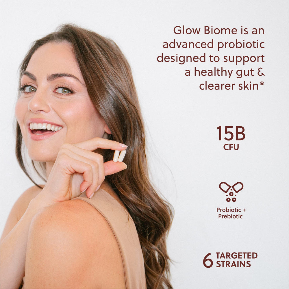 Kuma Glow Biome capsules close-up highlighting daily wellness support.