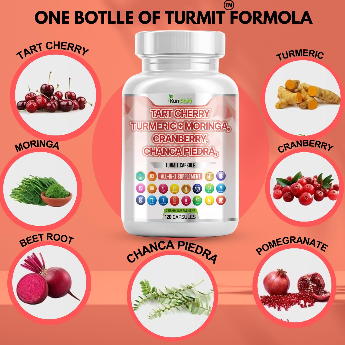 Kun Shafi Moringa leaf capsules on bottle for daily vitality.