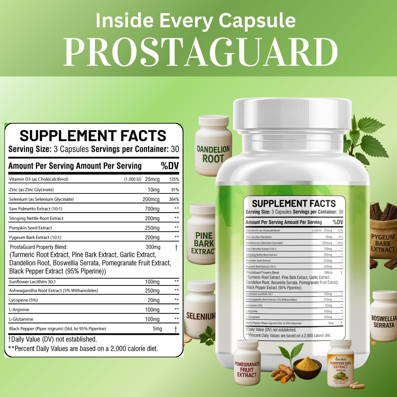 Kun Shafi Prostate Defend dosage info card showing 3-capsule serving.