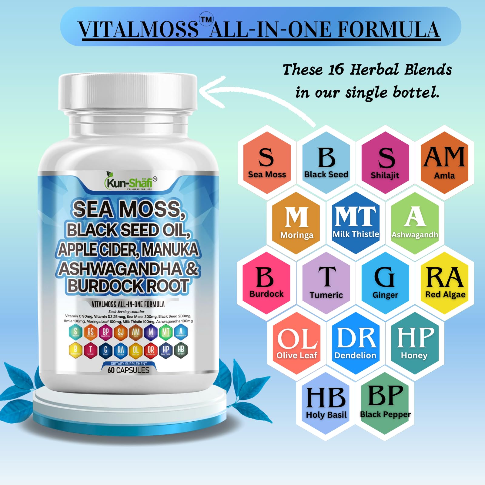 Kun Shafi VitalMoss capsules close-up highlighting an all-in-one herbal formula.