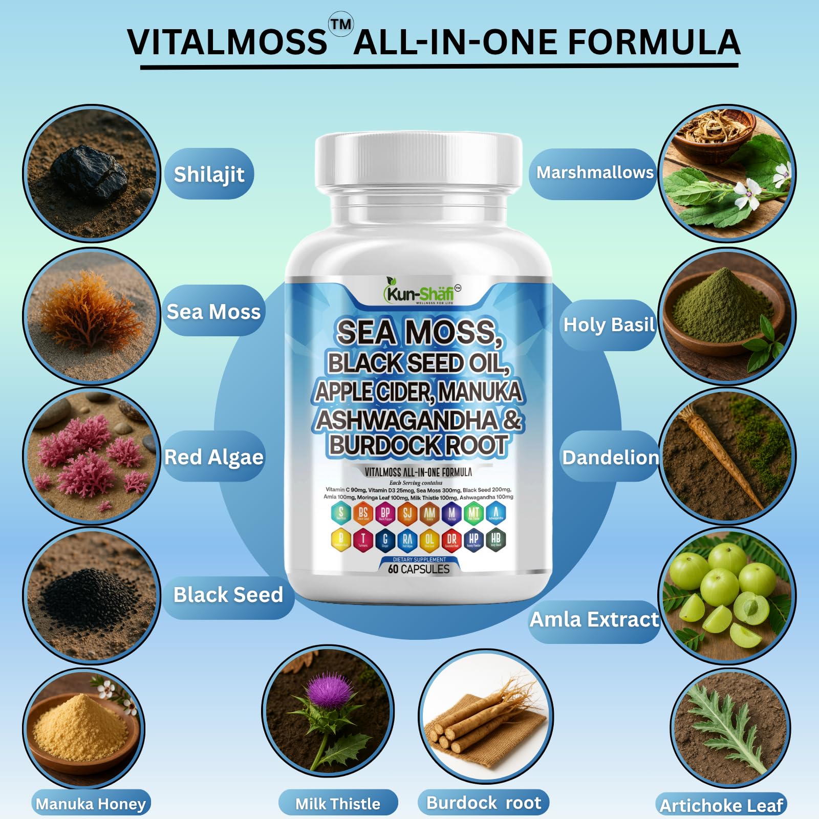 Kun Shafi VitalMoss ingredient blend chart shows 15+ botanicals.
