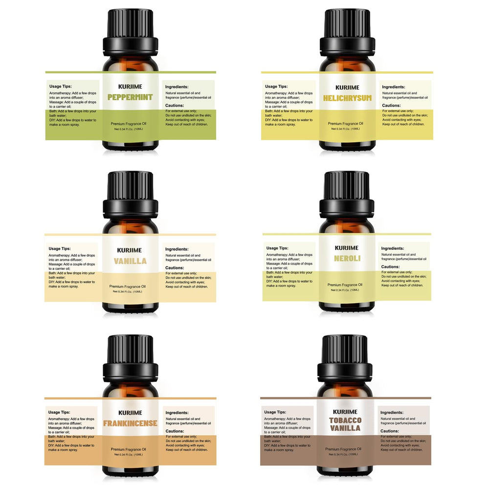KURJIME Diffuser oils arranged on table ready for diffuser setup