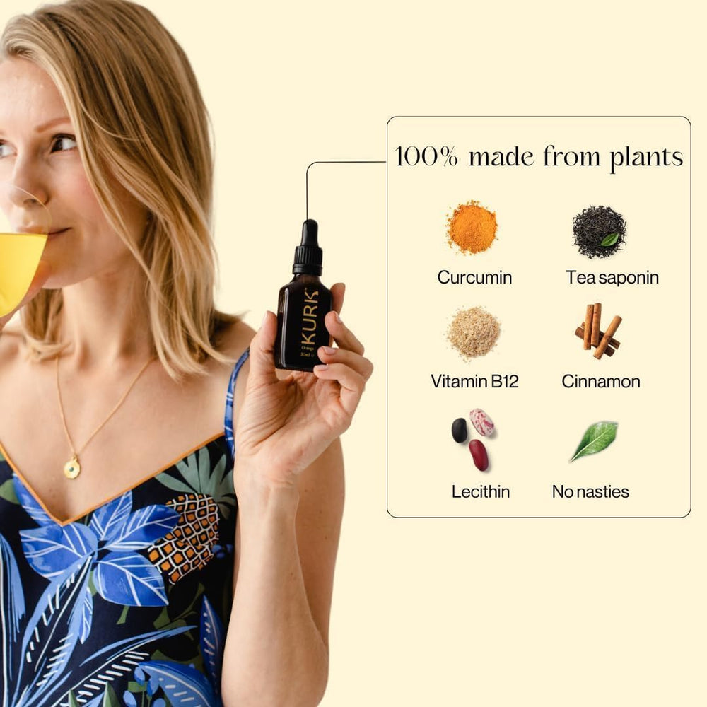 Kurk High Strength Curcumin Oil pour demonstrates easy dropper dosing for daily use.