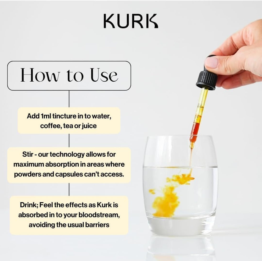 Kurk High Strength Curcumin Oil with turmeric root image indicating natural origins.