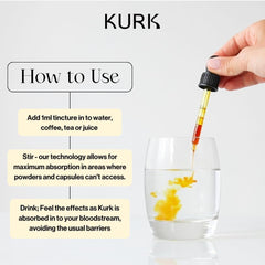 Kurk High Strength Curcumin Oil with turmeric root image indicating natural origins.